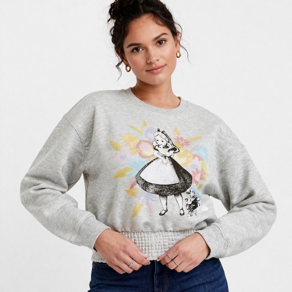 Disney Alice in Wonderland Floral Sweatshirt Women’s XL Smocked Waist